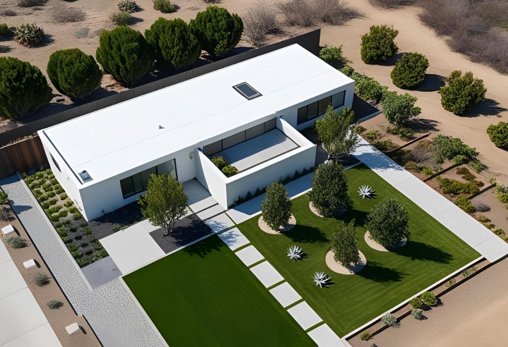 Aerial view of a California home with clear defensible space zones, showing gravel near the house, spaced-out trees, and thinned vegetation, designed by R.E.A.L.|cw Architecture.