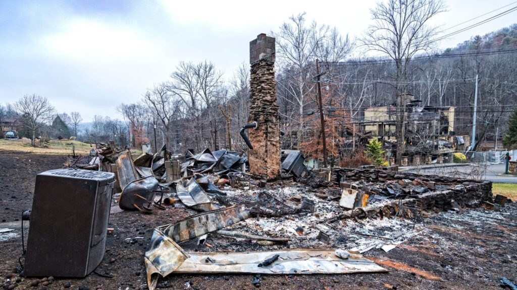 A desolate scene of a fire-ravaged area with only a standing stone chimney, burnt appliances, and debris scattered across the ground, symbolizing the aftermath of a wildfire Los Angeles REAL Arch