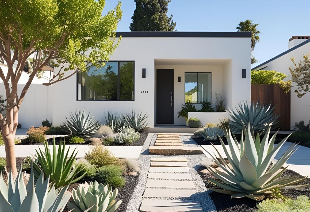 Close-up of a drought-tolerant California garden with succulents, sage, and manzanita, combined with gravel and stone pathways, designed by R.E.A.L.|cw Architecture.