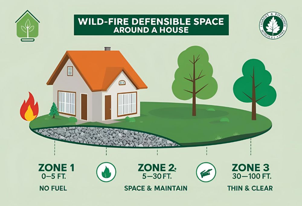 Infographic illustrating the three wildfire defensible space zones: 0–5 feet no fuel zone, 5–30 feet spaced vegetation, and 30–100 feet cleared zone, created by R.E.A.L.|cw Architecture.