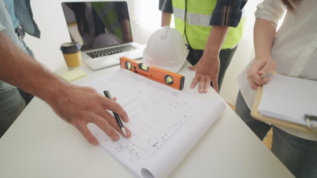 Architects reviewing plans and pre-approved fire-resistant materials for a wildfire rebuild in Los Angeles by R.E.A.L.|cw Architecture