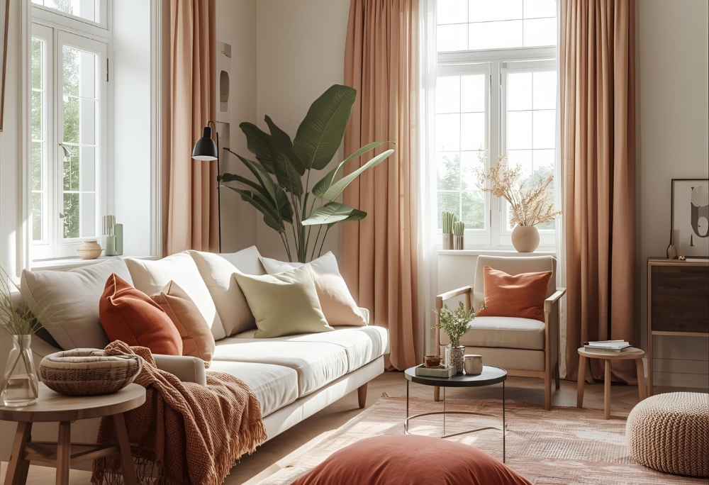 Cozy modern living room with colorful soft furnishings that absorb sound | REAL Arch