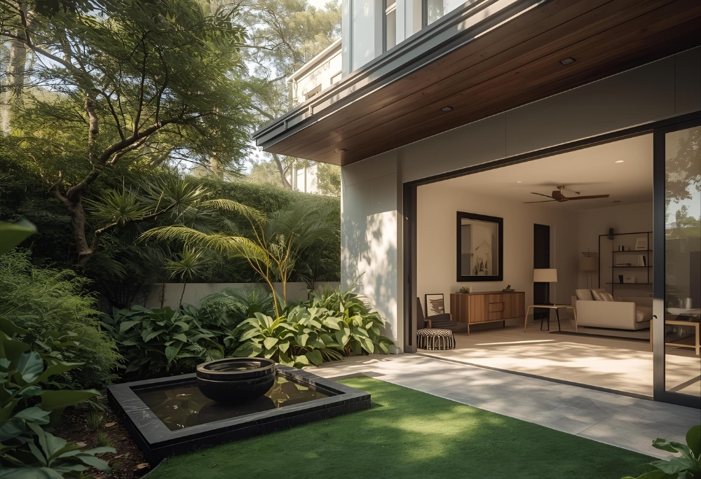 Peaceful courtyard connected to living space with greenery and water feature | REAL Arch