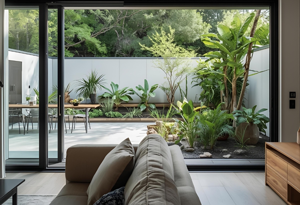 Sliding glass doors connecting a plant-filled living room to a patio garden | Los Angeles by R.E.A.L.|cw Architecture.