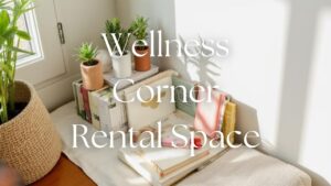 Featured image for How to Create a Wellness Corner blog — calm rental corner with green meditation cushion, Himalayan salt lamp, small succulent, and jute rug representing biophilic renter-friendly design by Real Arch