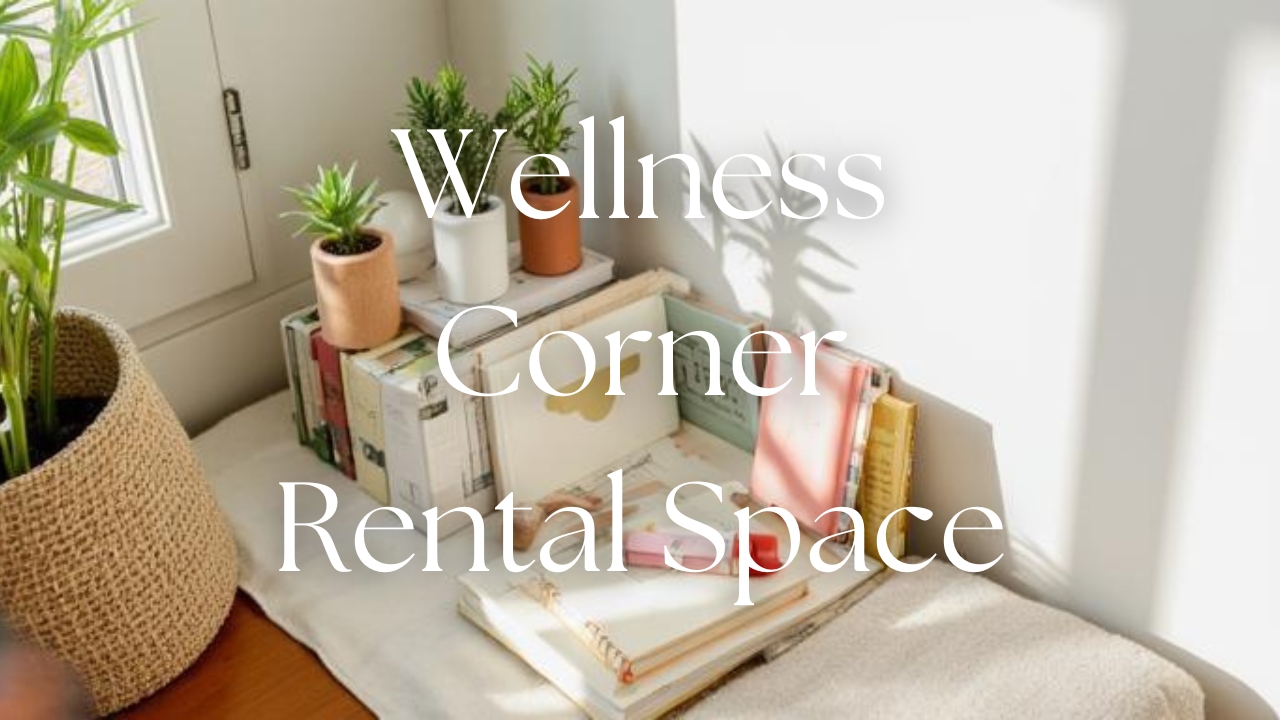 Featured image for How to Create a Wellness Corner blog — calm rental corner with green meditation cushion, Himalayan salt lamp, small succulent, and jute rug representing biophilic renter-friendly design by Real Arch