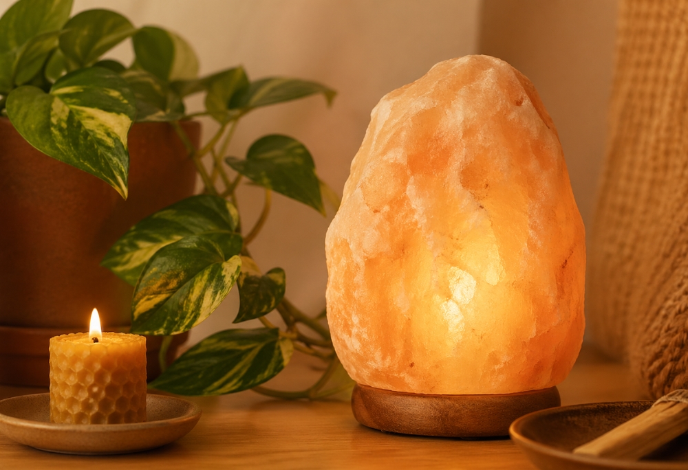 Himalayan salt lamp glowing warm amber beside a beeswax candle and trailing pothos plant on a wooden surface 