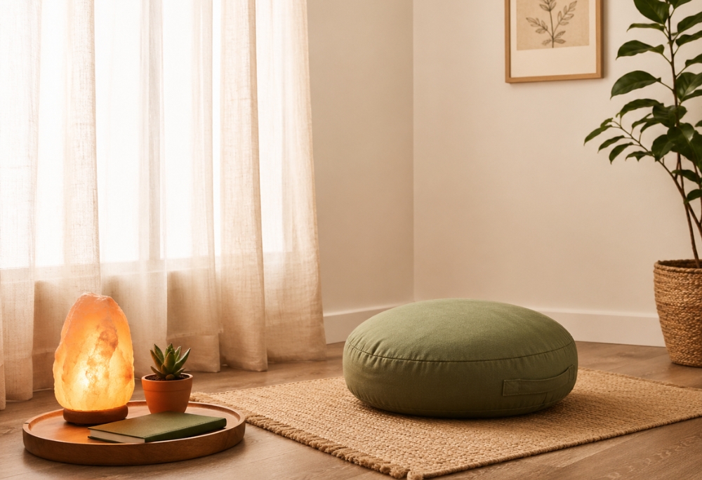 A bright, plant-filled rental living room with a wooden coffee table, woven basket, and soft natural light from a nearby window