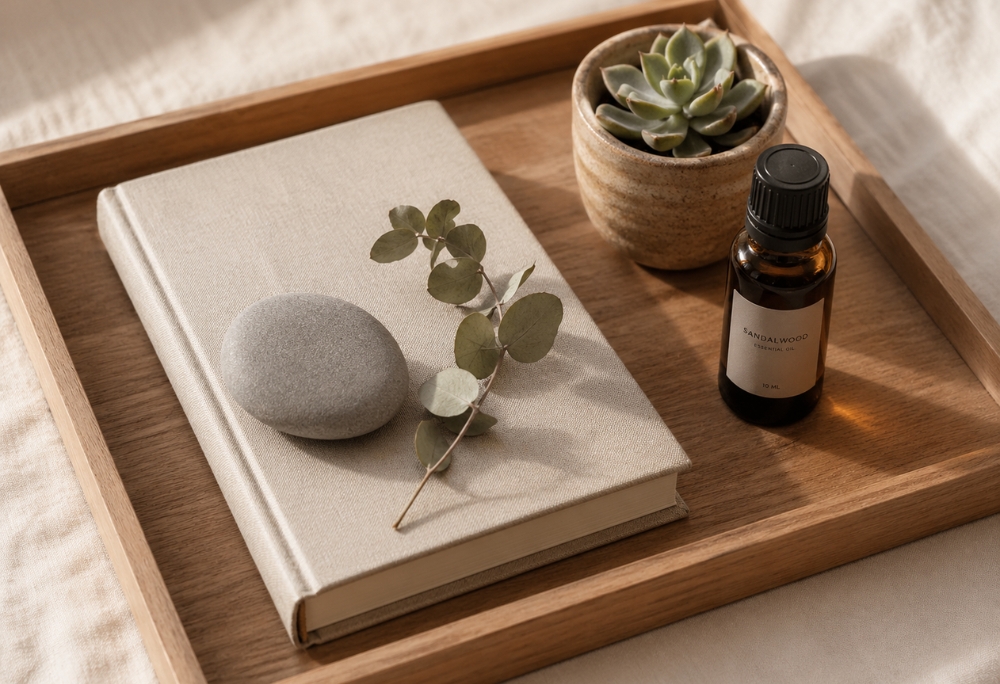 A wooden wellness tray styled with a linen-covered journal, smooth grey river stone, small amber essential oil bottle, sprig of dried eucalyptus, and a tiny succulent