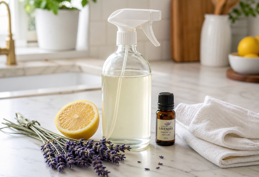 A clear glass spray bottle filled with a light DIY vinegar cleaner, beside a halved lemon, a small bundle of fresh lavender, an amber essential oil bottle, and a folded white linen cloth on a white marble counter