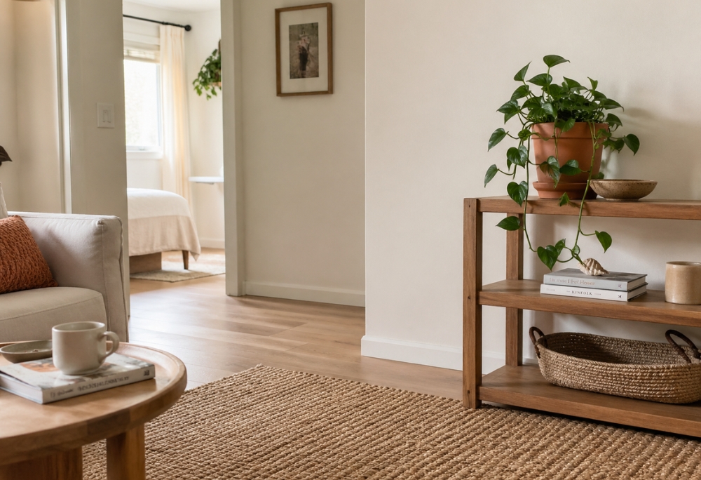 A rental living area with a woven jute rug on light wood floors, ivory linen curtains diffusing soft daylight, and a trailing pothos plant in a terracotta pot on a wooden shelf