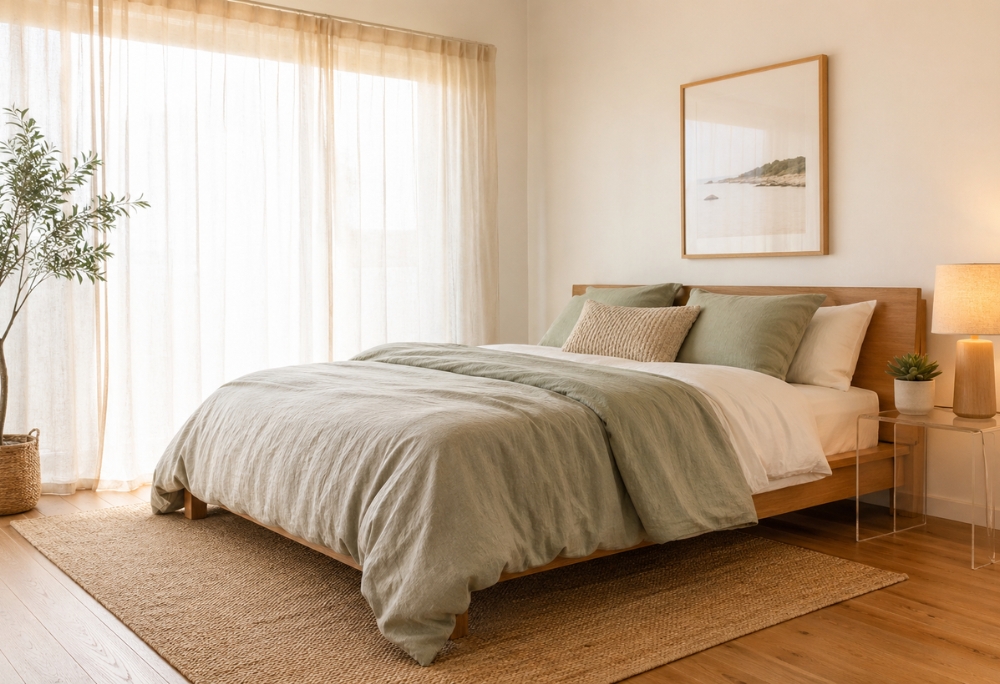 Bright rental bedroom with organic cotton and linen bedding in cream and sage, a textured jute rug on warm wood floors, and soft morning light through sheer curtains