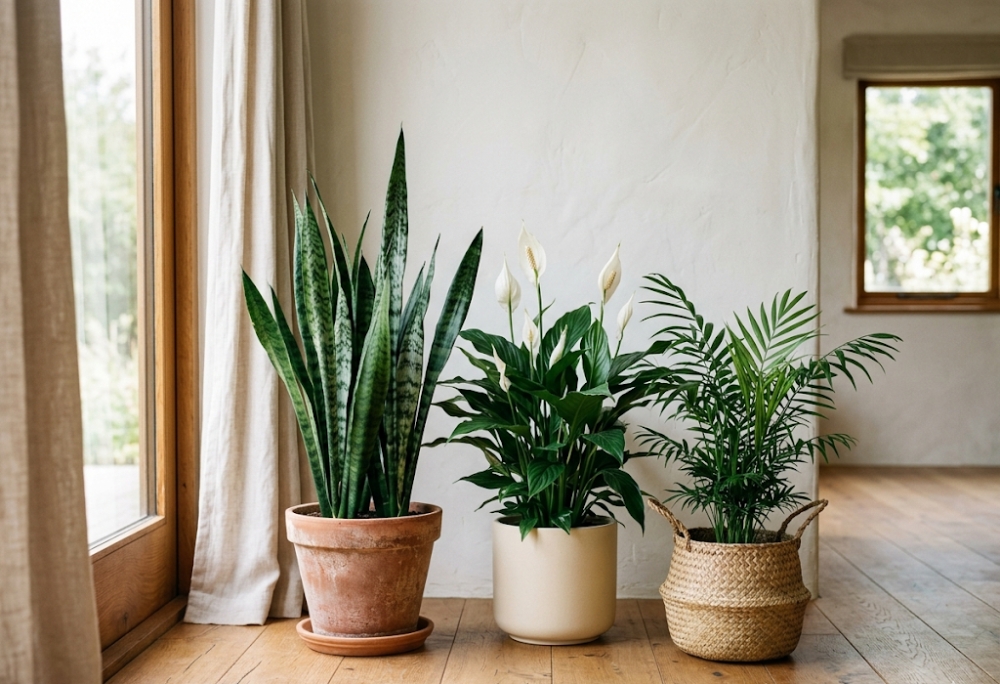 A wooden side table with a snake plant in a terracotta pot and a peace lily in a white ceramic pot on a light wood floor with a cream wall behind