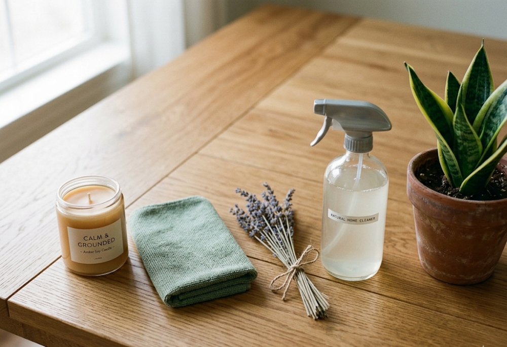 A soy wax candle in a natural clay holder beside a small trailing plant in a terracotta pot and a folded cream linen cloth on a white marble surface