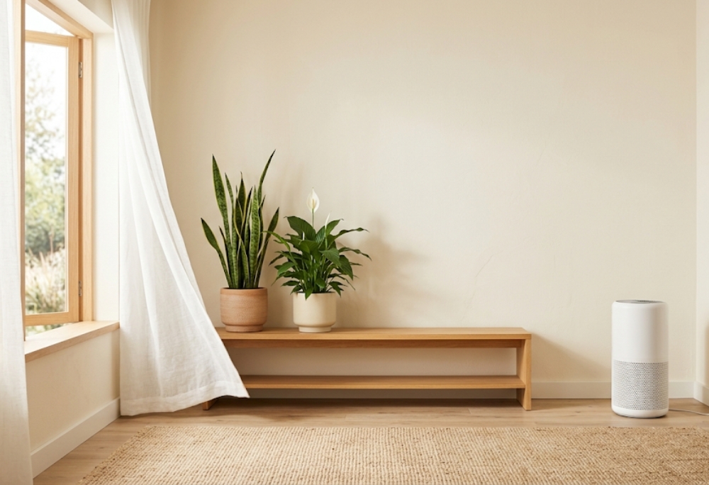Calm rental living room with a snake plant in a terracotta pot beside an open window with sheer curtains and a bamboo palm on warm wood floors