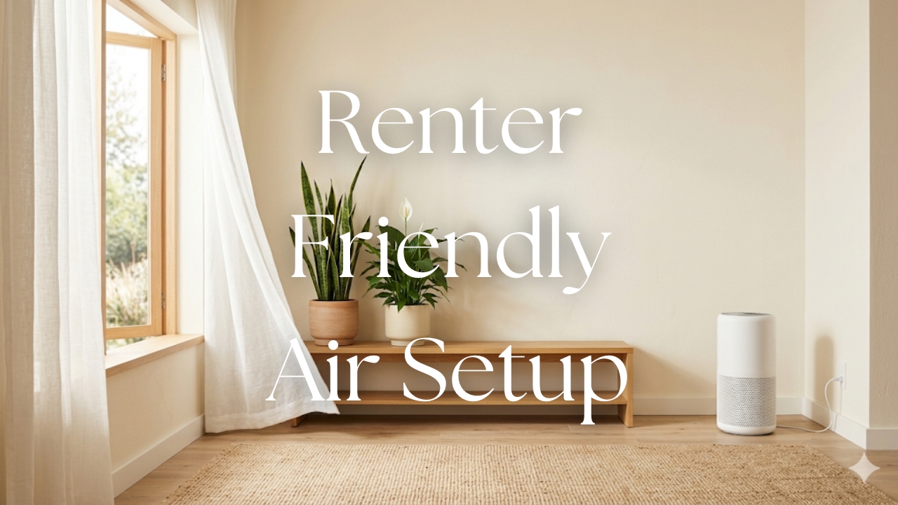 Featured image for Breathe Easy blog — minimal rental room with snake plant, peace lily, white portable air purifier, and open window with sheer curtain representing indoor air quality hacks by Real Arch