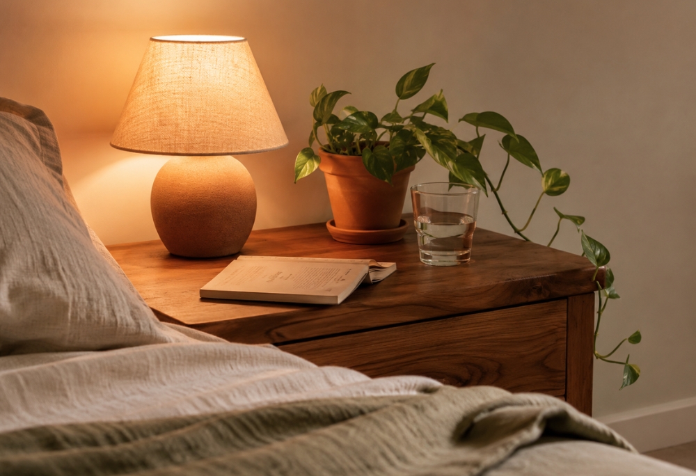 A close-up of a wooden bedside table with a warm-toned ceramic lamp glowing soft amber, a folded linen edge of bedding visible, a small terracotta pot with a trailing plant, an open paper book face down, and a glass of water