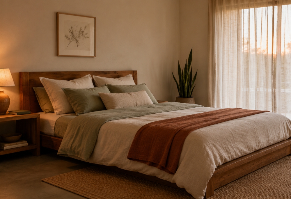 A calm, simply styled bedroom with warm lighting, natural linens, and minimal furniture