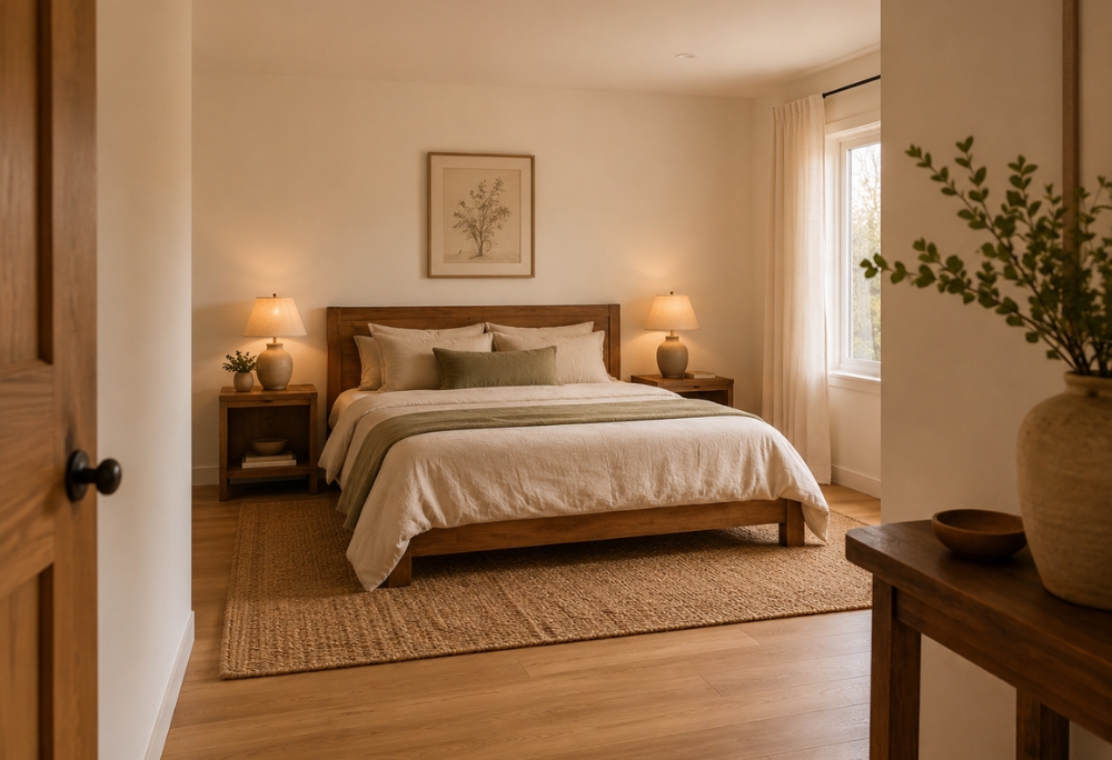 A bedroom layout viewed from the doorway showing the bed placed against a solid wall, headboard centred, with a clear diagonal sightline to the door — the Feng Shui command position