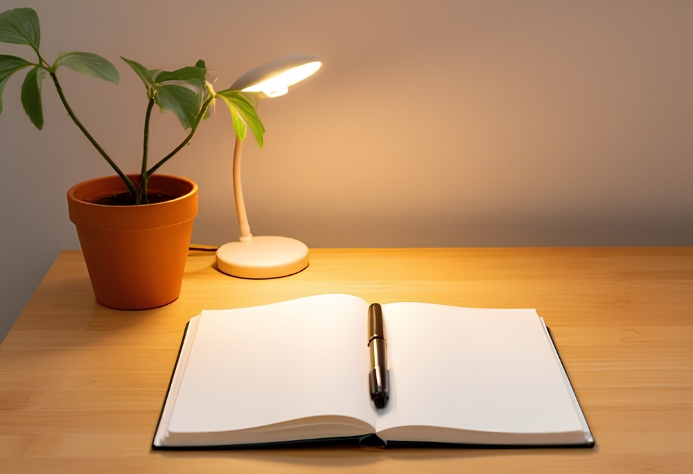 A clean wooden desk surface with a warm desk lamp, a small plant in a clay pot, and minimal accessories arranged with intention