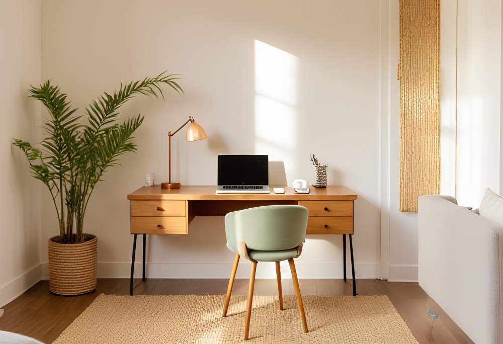 A small home office zone in a rental apartment defined by a natural rattan room divider and a jute rug, separated from the living area
