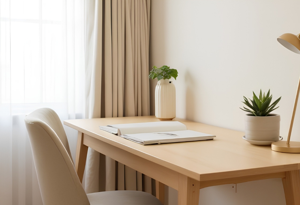 A calm, minimal home office corner with a wooden desk, a small plant, and soft natural light from a nearby window