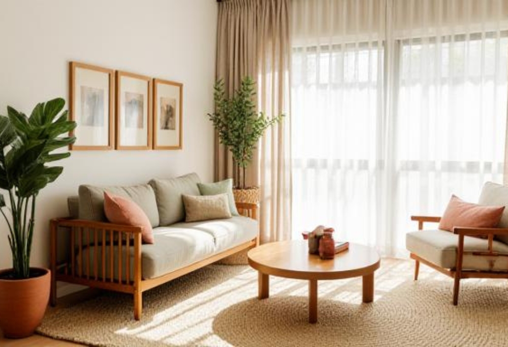 A bright, plant-filled rental living room with a wooden coffee table, woven basket, and soft natural light from a nearby window