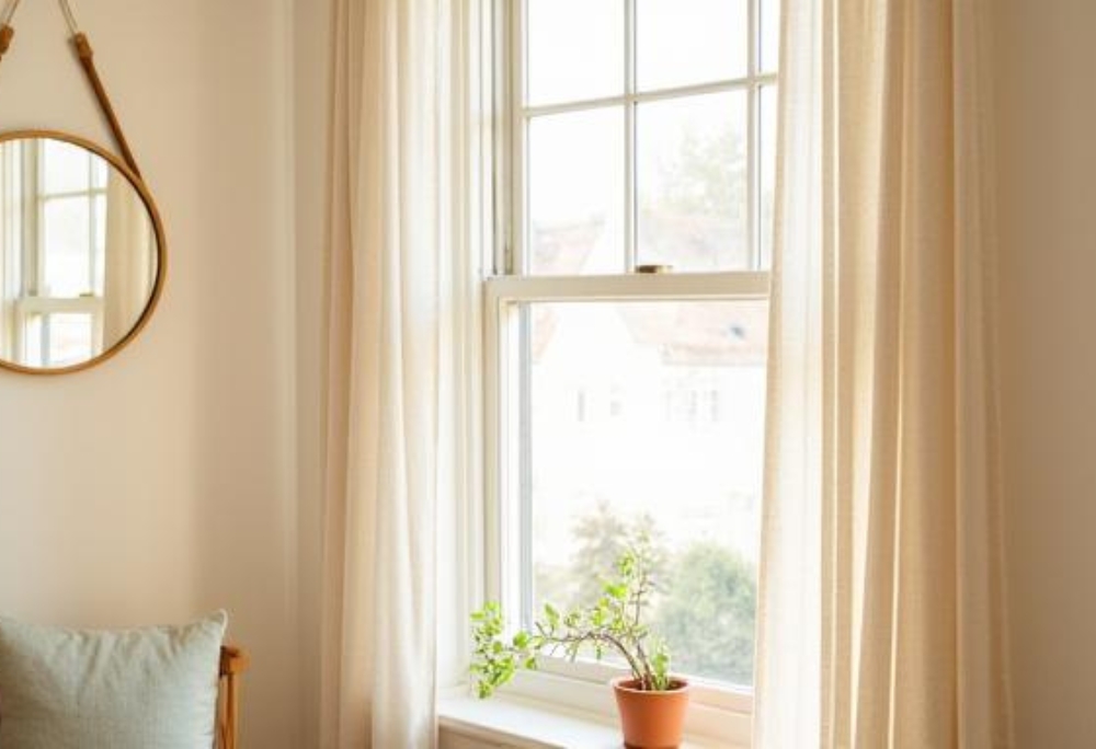 A rental window with sheer linen curtains on a tension rod, soft daylight filtering through, and a round wooden mirror on the opposite wall reflecting the light