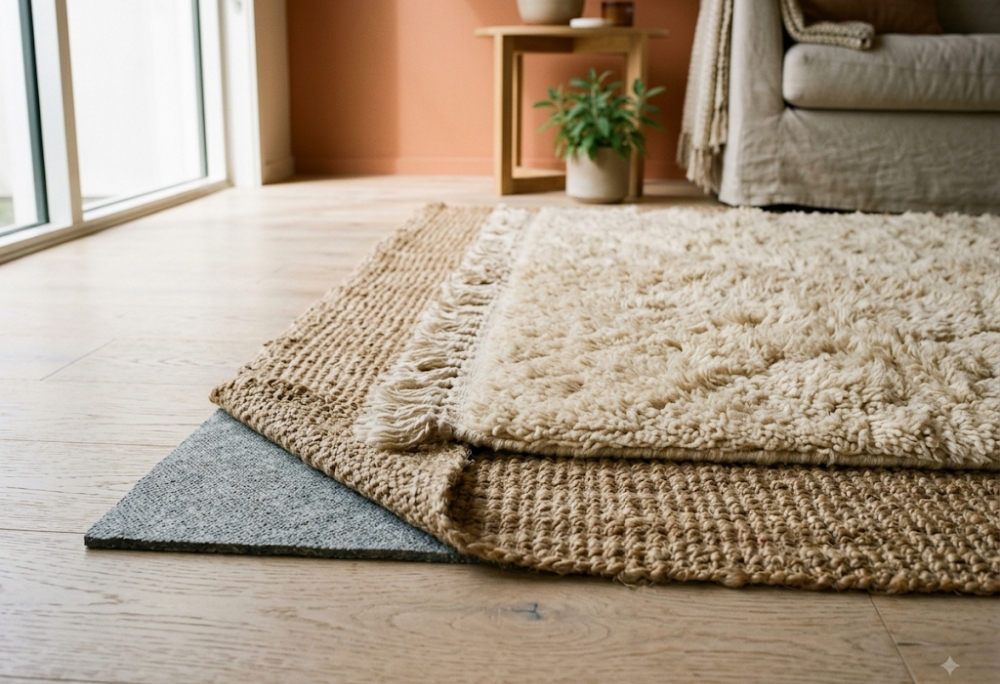 A close-up of a thick cream high-pile rug layered over a natural jute rug on a light timber floor, with the edge of a dense rubber rug pad visible beneath