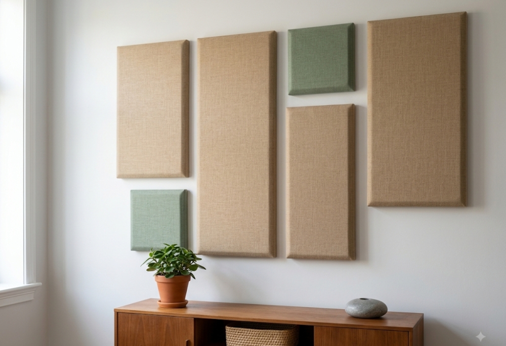 A rental wall with five fabric-wrapped acoustic panels arranged in an asymmetric grid — three larger panels in warm beige linen and two smaller panels in sage green, mounted with removable strips on a white wall