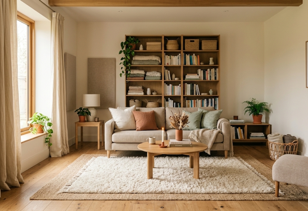A calm rental living room with heavy linen curtains, a thick layered rug, and a full bookshelf against a shared wall, bathed in soft natural light