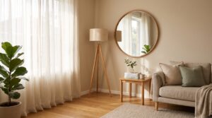 A bright rental living room with a mirror reflecting window light onto a wooden side table, sheer curtains, and a warm floor lamp in the corner