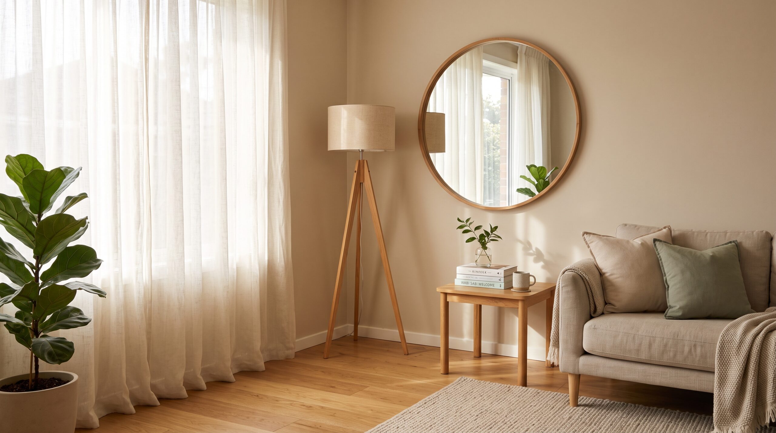 A bright rental living room with a mirror reflecting window light onto a wooden side table, sheer curtains, and a warm floor lamp in the corner