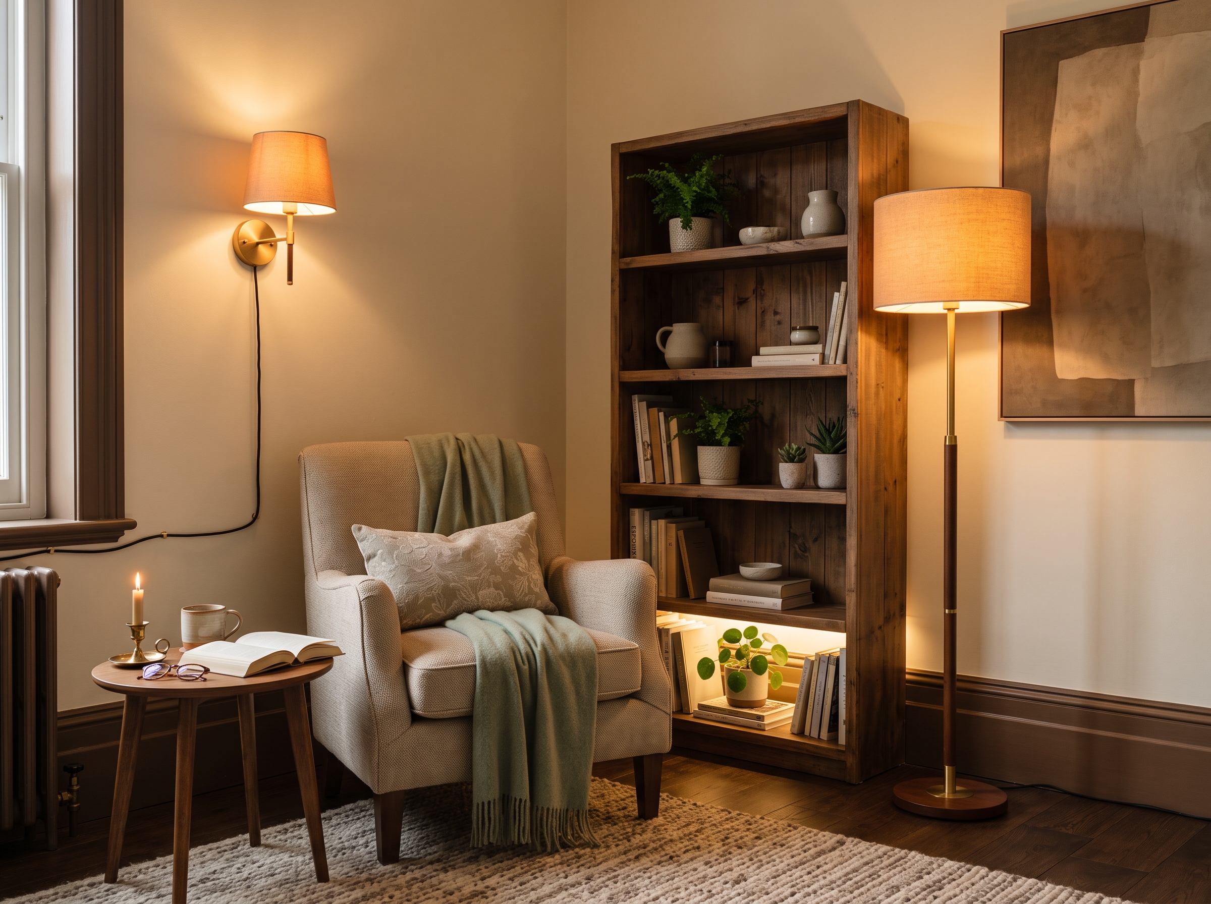 A cosy reading corner with a plug-in wall sconce above a chair, a wooden floor lamp beside a bookshelf, and warm LED strip lighting glowing under the shelf