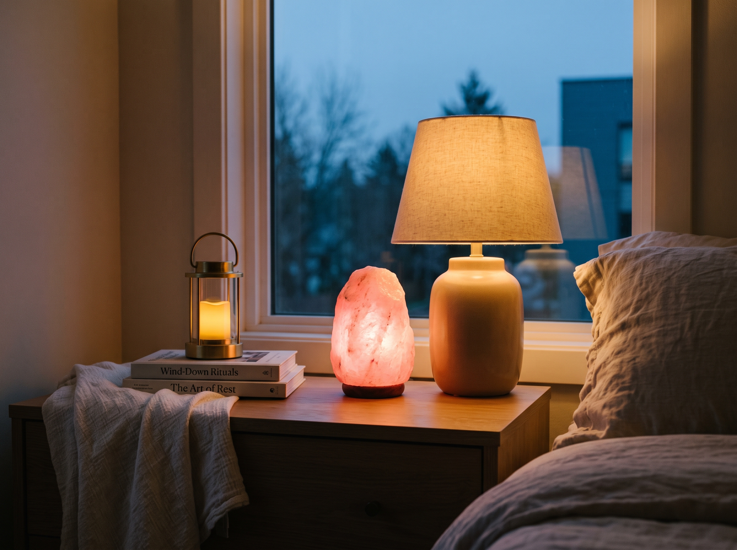 A bedroom nightstand with a glowing pink salt lamp, a dimmable ceramic lamp on low warm light, and a small portable lantern beside a stack of books