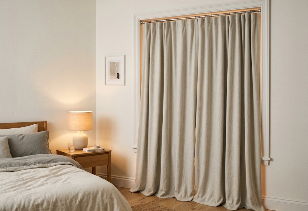 A rental bedroom window fitted with floor-length blackout curtains in soft ivory on a slim tension rod, with faint warm light visible at the edges and a minimal bedroom beyond