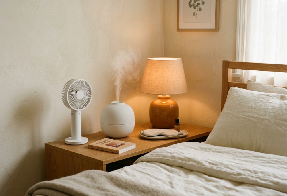 A minimal rental bedroom bedside table with a small portable fan, a white ceramic humidifier emitting soft mist, and a warm amber lamp on a warm wood surface beside organic linen bedding
