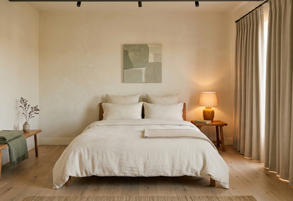 A serene, minimal rental bedroom with organic ivory linen bedding, a warm amber bedside lamp, and floor-length blackout curtains framing a window at dusk