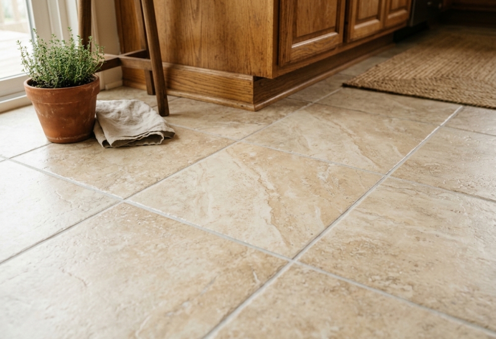 A close-up of natural stone-look peel-and-stick tiles on a rental kitchen floor, with a warm wooden cabinet edge and soft natural light