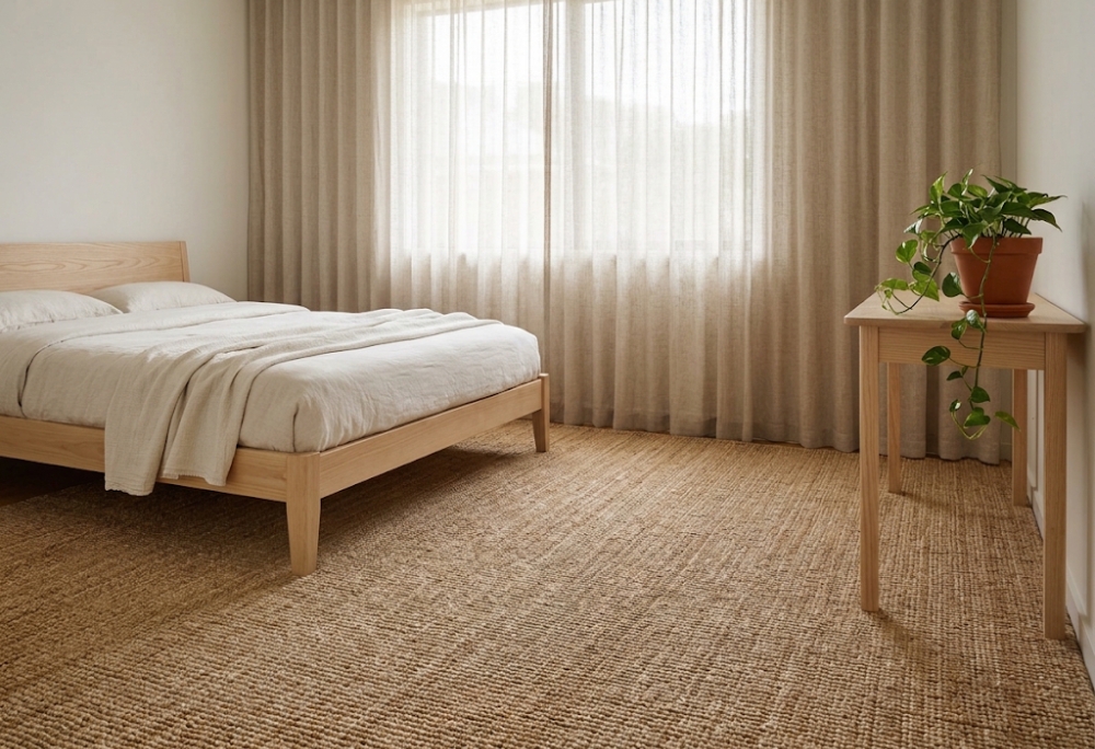A close-up editorial vignette of layered sustainable flooring materials — a cork tile edge, the corner of a jute rug, and a pale timber floor beneath, shot in warm natural light
