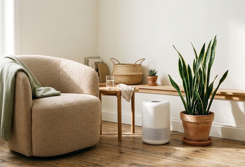 A compact white HEPA air purifier placed beside a tall snake plant in a terracotta pot in a light-filled rental room corner, with a small woven basket and wooden shelf in the background