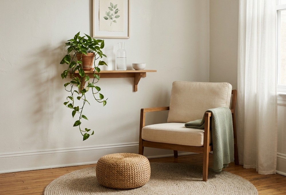 A styled rental corner with a trailing pothos plant in a clay pot, a glass water carafe on a wooden shelf, a small white ceramic bowl, and a framed botanical print on the wall above