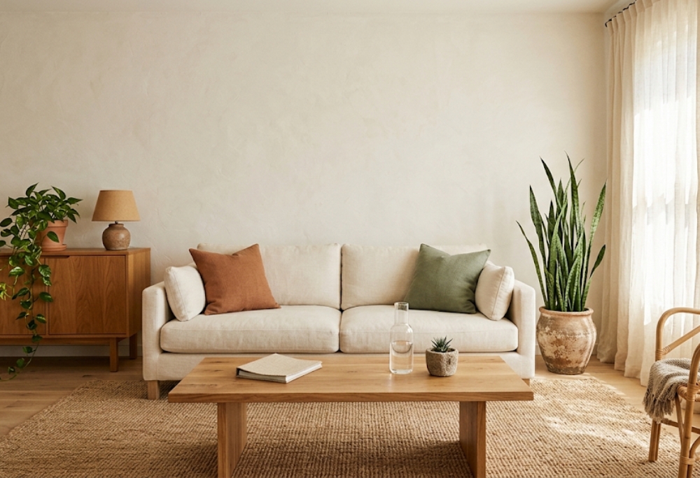 A calm, light-filled rental living room with a snake plant in a terracotta pot, sheer linen curtains diffusing natural light, a glass water carafe on a wooden side table, and minimal natural decor