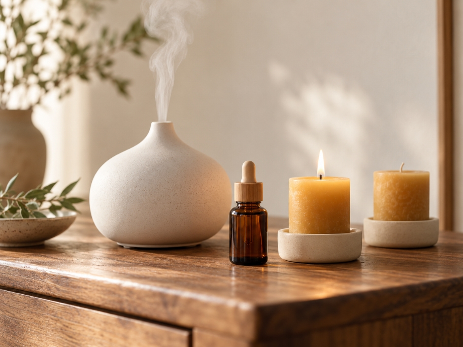 A wooden side table styled with a white ceramic ultrasonic diffuser emitting a gentle mist, two unscented beeswax pillar candles in ceramic holders, and a small amber glass essential oil bottle, against a soft off-white wall
