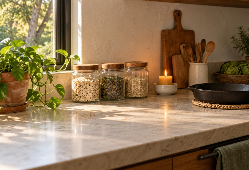 A light-filled kitchen bench with a seasoned cast iron pan, a row of glass storage jars with wooden lids, a small lit beeswax candle in a ceramic holder, and a trailing pothos plant in a clay pot beside a window