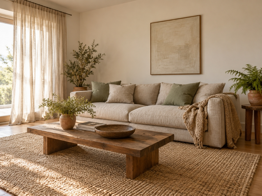 A calm rental living room with a natural linen sofa in warm oat, a large handwoven jute rug on a timber floor, full-length linen curtains filtering soft daylight, and a small potted fern on a wooden side table